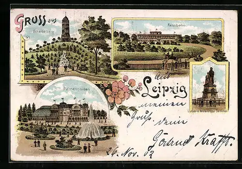 Lithographie Leipzig, Scherbelberg, Rennbahn, Palmengarten