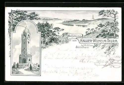 Lithographie Berlin-Grunewald, Kaiser Wilhelm-Turm am Gasthaus Schildhorn