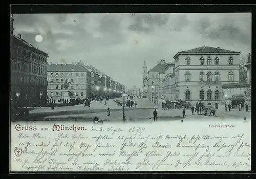 Mondschein-AK München, Blick in die Ludwigstrasse