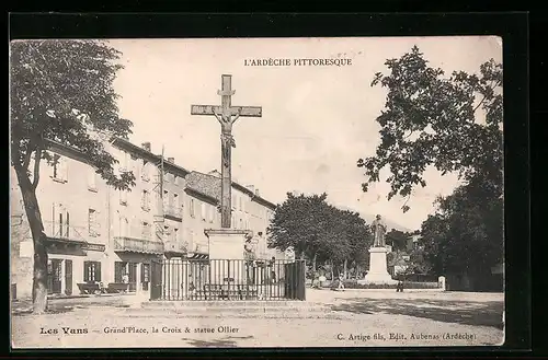 AK Les Vans, Grand Place, la Croix & statue Ollier