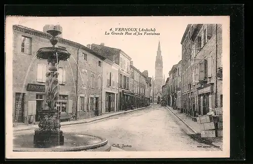 AK Vernoux, La Grande Rue et les Fontaines