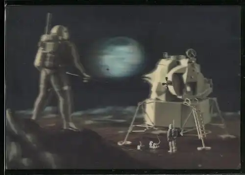 3D-AK Astronauten mit Lunar Module PK-56 und Blick auf die Erdkugel