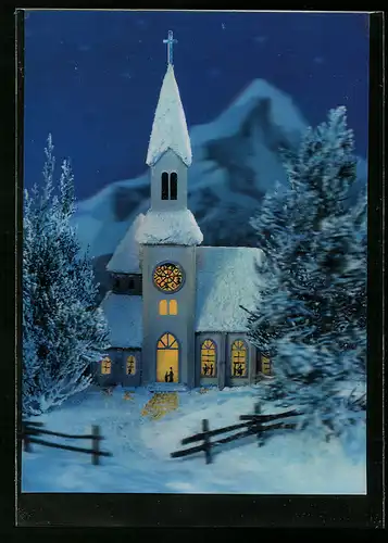 3D-AK Erleuchtete Kirche im Schnee am Abend