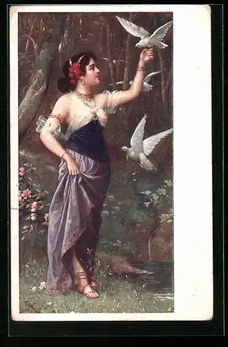 Künstler-AK Brüder Kohn (B.K.W.I) Nr. 938-5: Schöne Frau mit weissen Tauben