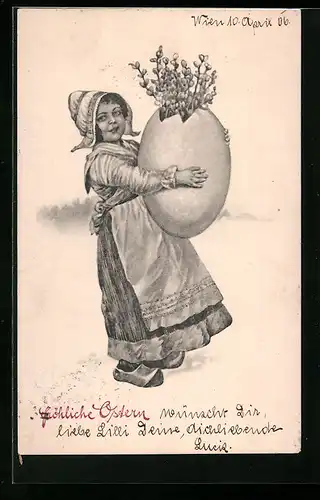 Künstler-AK Brüder Kohn (B.K.W.I) Nr.: Niedliches Mädchen mit grossem Osterei