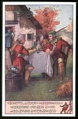 Künstler-AK Brüder Kohn (B.K.W.I) Nr.767-3: Zwei Männer sitzen am Tisch am Gasthaus