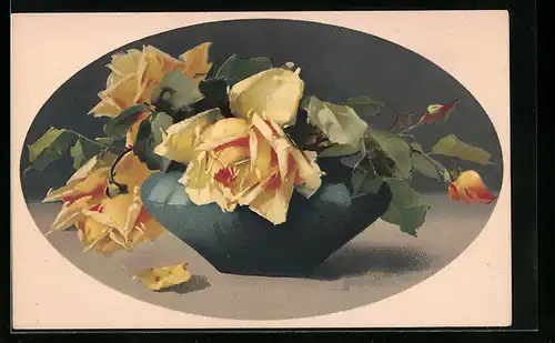 Künstler-AK Meissner & Buch (M&B) Nr. 2279: Gelbe Edelrosen in einer flachen Vase