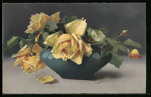 Künstler-AK Meissner & Buch (M&B) Nr. 2459: Gelbe Rosen in einer grauen Schale