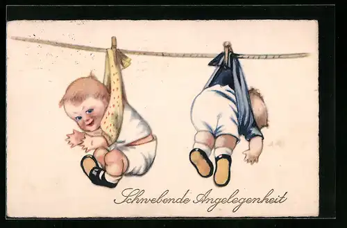 Künstler-AK Meissner & Buch (M&B) Nr. 2865: Zwei Kinder an einer Wäscheleine