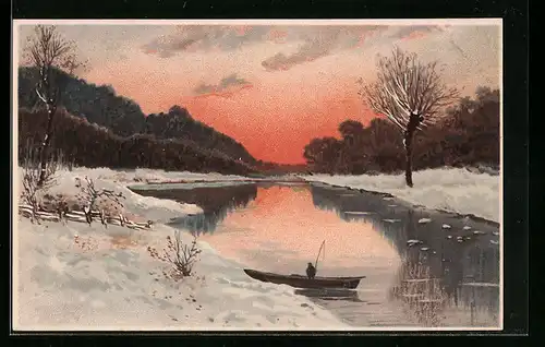 Künstler-AK Meissner & Buch (M&B) Nr. 1536: Angler an einem Winterabend