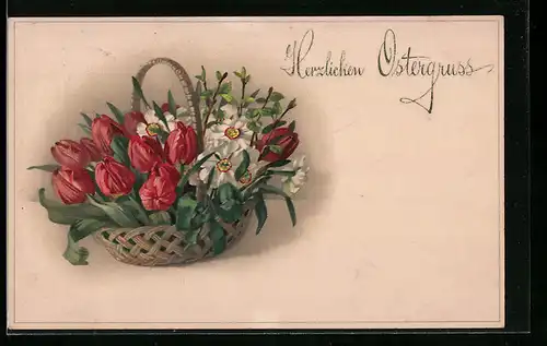Künstler-AK Meissner & Buch (M&B) Nr. 2183: Blumenkorb mit Tulpen, Ostergruss
