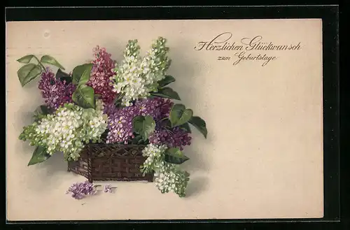 Künstler-AK Meissner & Buch (M&B) Nr. 2341: Flieder in drei Farben, Glückwunschkarte