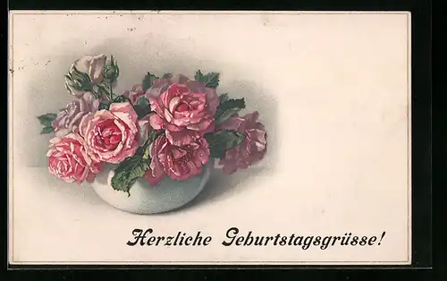 Künstler-AK Meissner & Buch (M&B) Nr. 2211: Rote Rosen in weisser Schale, Glückwunschkarte