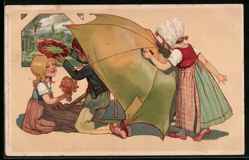 Künstler-AK Meissner & Buch (M&B) Nr. 1313: Kinder mit Blumen und einem grossen Schirm
