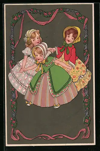 Künstler-AK Meissner & Buch (M&B) Nr. 1376: Drei Mädchen tanzen Ringelreihen, mit Ornament