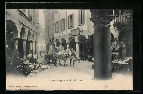 AK Lugano, Via Pessina mit Markt