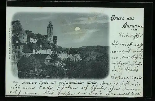 Mondschein-AK Aarau, Aeussere Halde mit Protestantischer Kirche
