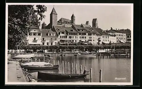 AK Rapperswil, Gewässer mit Booten, Restaurant Steinbrock und Hotel Bellevue