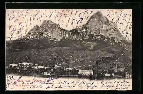 AK Schwyz, Ortsansicht mit Alpen