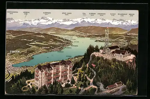 AK Zürich, Ortsansicht mit Alpen aus der Vogelschau