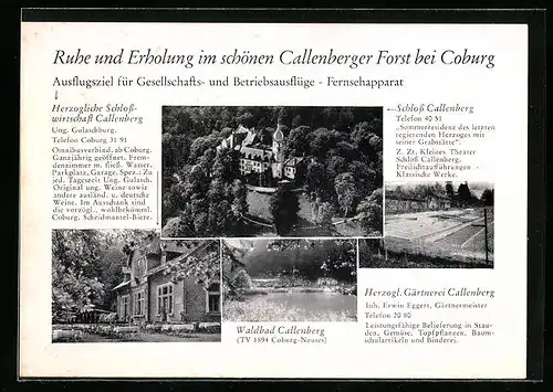 AK Coburg, Callenberger Forst, Schloss Callenberg, Waldbad, Herzogl. Gärtnerei