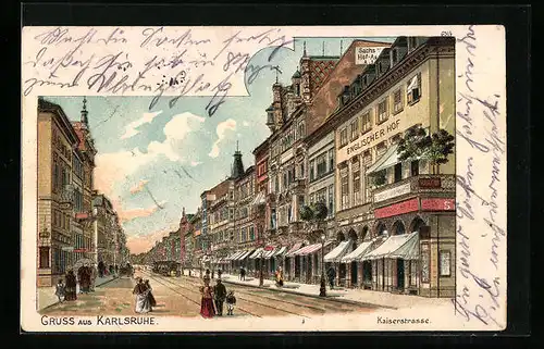 Lithographie Karlsruhe, Kaiserstrasse mit Englischer Hof