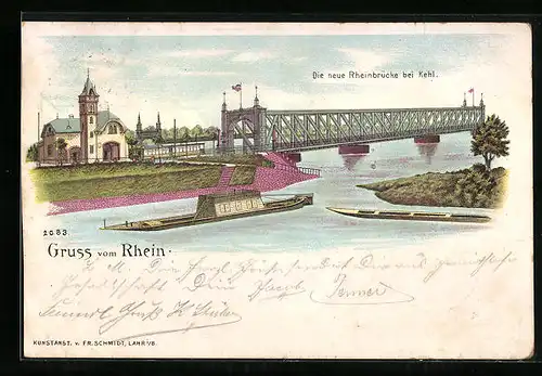 Lithographie Kehl, Rheinpartie mit neuer Brücke