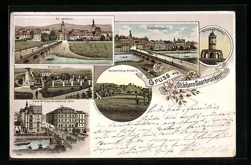 Lithographie St. Johann-Saarbrücken, Ortsansicht, Ehrenthal, Neue Brücke, Winterberg Denkmal