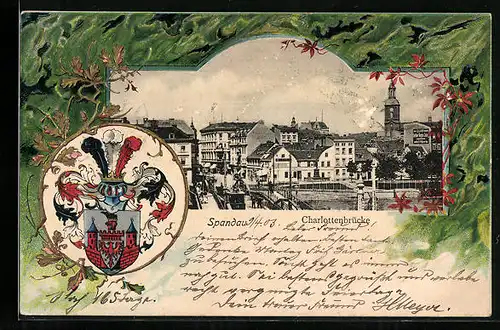 Passepartout-Lithographie Berlin-Spandau, Partie an der Charlottenbrücke, Wappen