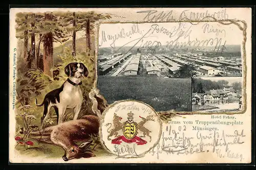 Passepartout-Lithographie Münsingen, Truppenübungsplatz, Hotel Fetzer, Wappen, Hund, Reh