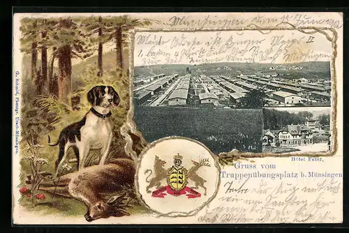 Passepartout-Lithographie Münsingen, Truppenübungsplatz, Hotel Fezer, Wappen, Hund, Reh