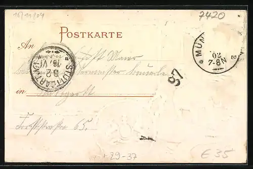 Passepartout-Lithographie Münsingen, Truppenübungsplatz, Hotel Fezer, Wappen, Hund, Reh