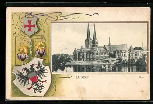 Passepartout-Lithographie Lübeck, Blick zum Dom, Wappen