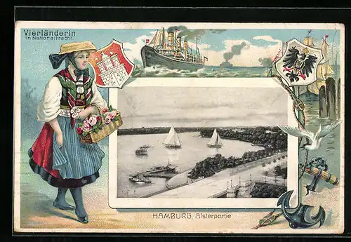 Passepartout-Lithographie Hamburg, Alsterpartie, Vierländerin in Tracht, Wappen