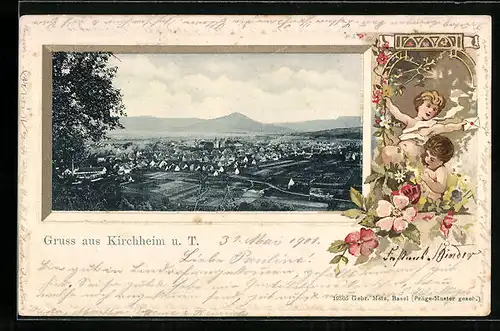 Passepartout-Lithographie Kirchheim u. T., Ortsansicht aus der Vogelschau, Blumenmotiv mit Kindern
