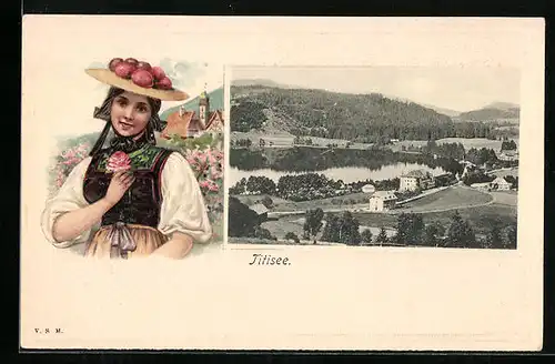 Passepartout-Lithographie Titisee, Ortsansicht, Frau in Tracht