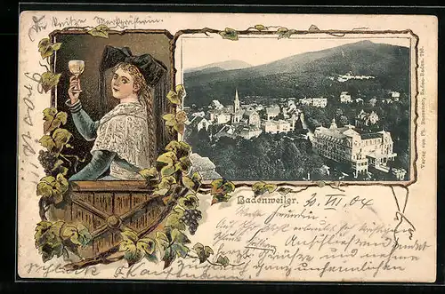 Passepartout-Lithographie Badenweiler, Ortsansicht aus der Vogelschau, Frau in Tracht