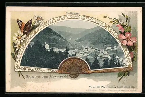 Passepartout-Lithographie Todtmoos /Schw., Ortsansicht aus der Vogelschau, Fächermotiv, Schmetterling