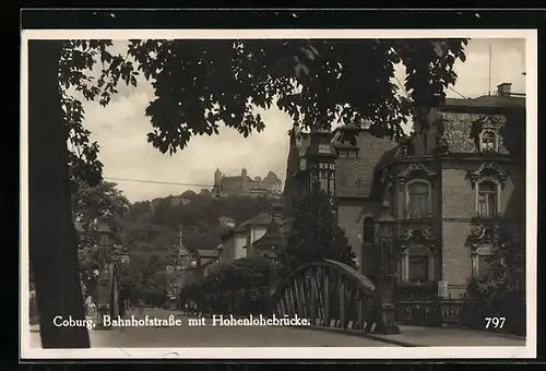 AK Coburg, Bahnhofstrasse mit Hohenlohebrücke