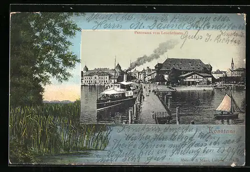 AK Konstanz, Panorama vom Leuchtturm aus, Dampfer