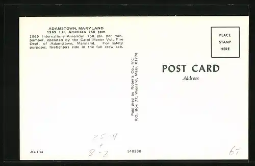 AK Adamstown, Maryland, 1969 International American 750 gal. per min. pumper, Feuerwehr-Einsatzfahrzeug