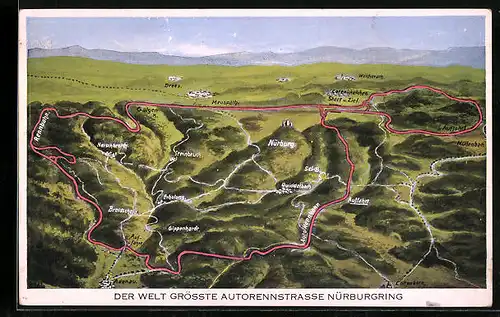 Künstler-AK Nürburg, Landkarte, Autorennen Nürburgring