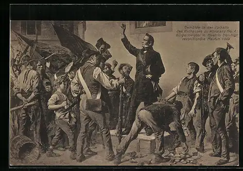 AK Gemälde in der Vorhalle des Rathauses zu Konstanz: Bürgermeister Huetlin beruhigt revolutionäre Haufen 1849