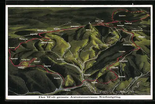 Künstler-AK Übersichtskarte Nürburgring mit Ortsbezeichnungen