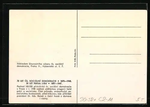 AK Tschechien, Strassenparade mit Druckermaschine, 70 Let Cs. Socialni Demokracie 1878-1948, 50 Let Prava Lidu 1897-1947