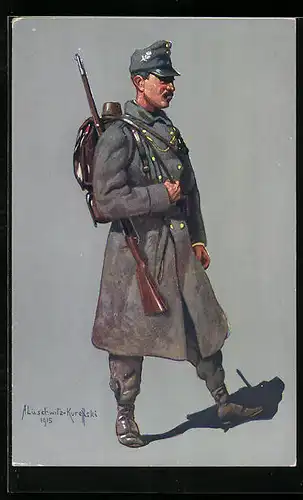 Künstler-AK Tyroler Kaiserjäger in Felduniform mit Gewehr