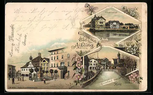 Lithographie Bad Aibling, Ortspartie mit Kurhotel Duschl, Glonnbach durch den Markt