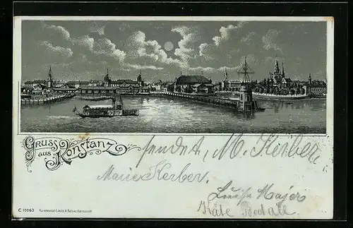 Mondschein-Lithographie Konstanz /Bodensee, Panorama mit Bodensee-Dampfer