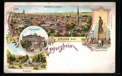 Lithographie Pforzheim, Ortsansicht von Westen, Reichspostamt, Stadtgarten