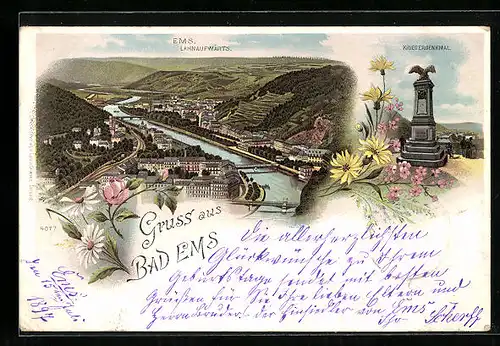 Lithographie Bad Ems, Ortsansicht Lahnaufwärts, Kriegerdenkmal